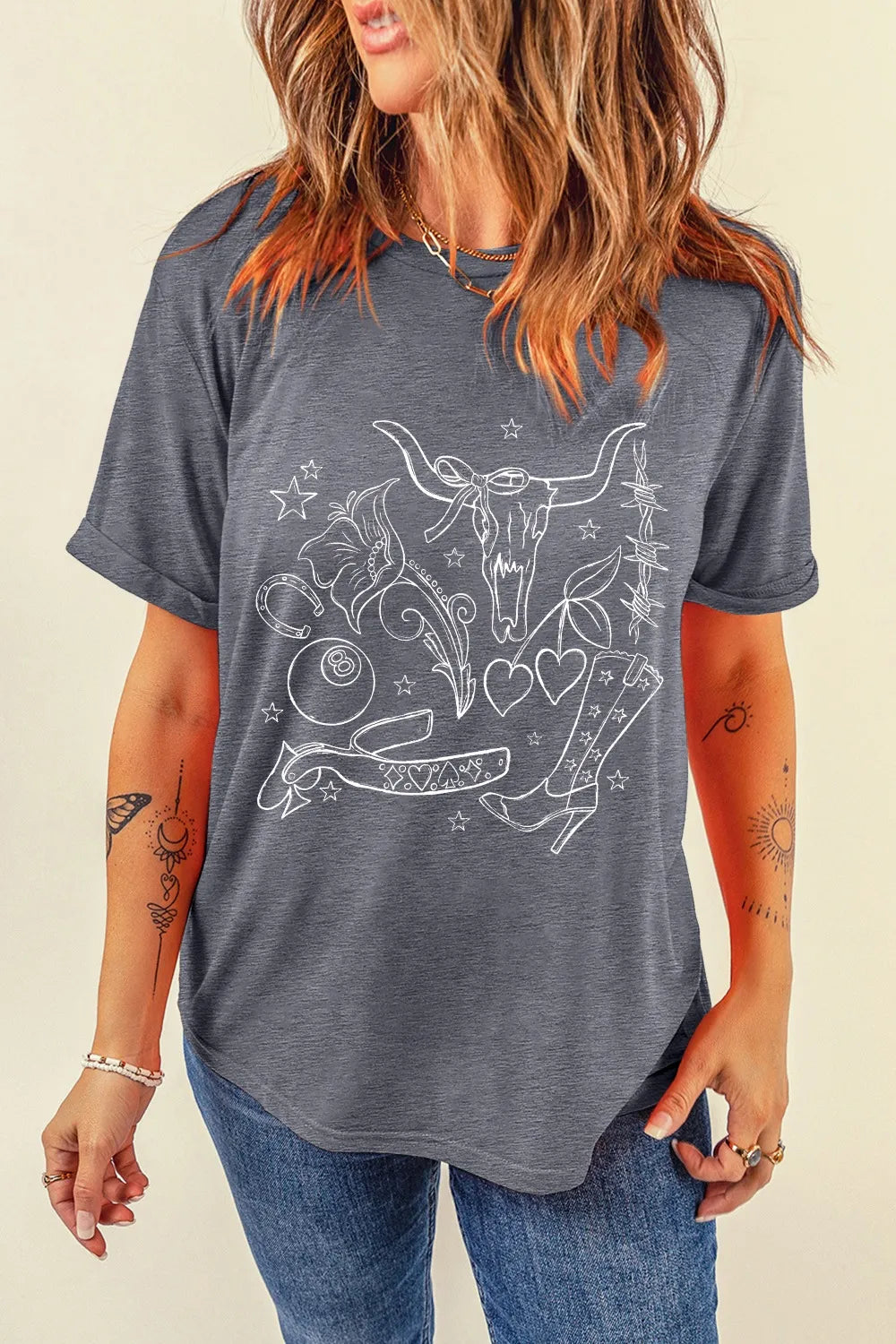 Cowgirl Boots OX Head Western Graphic Crewneck Tee
