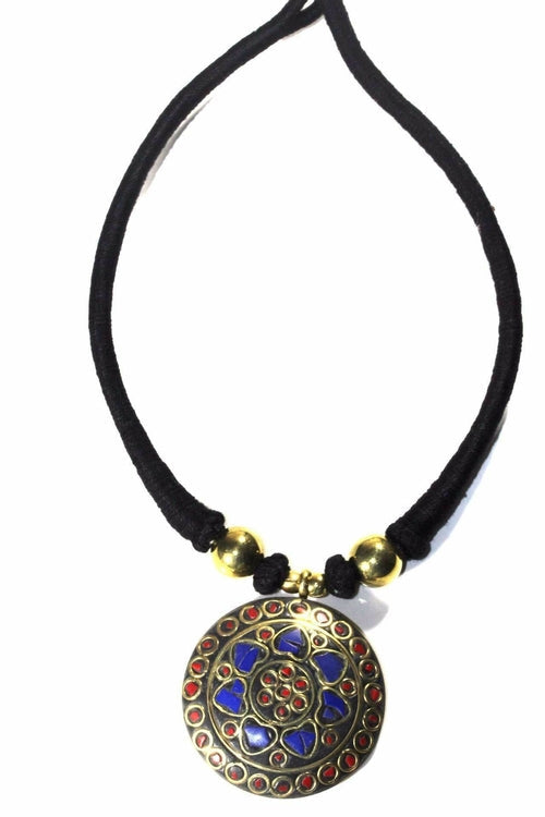 Mosaic Medallion Necklace Colorful Handplaced Brass Pendant