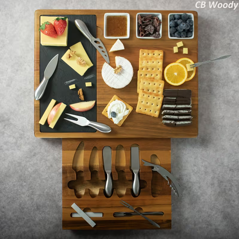 Acacia Wood Cheese Board Set with Integrated Storage Drawer