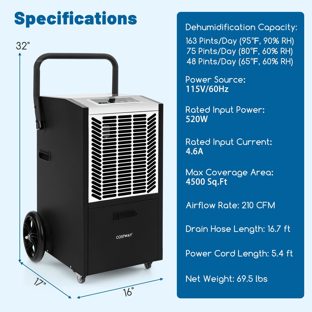 140 Pints Commercial Dehumidifier Crawl Space Dehumidifier with Pump and Drain Hose