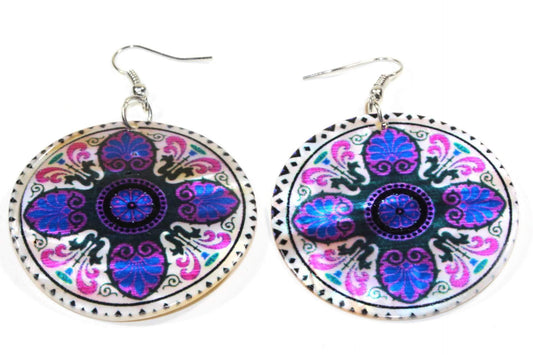 Mandala Chakra Mother Of Pearl 2 Inch Handcrafted Earrings