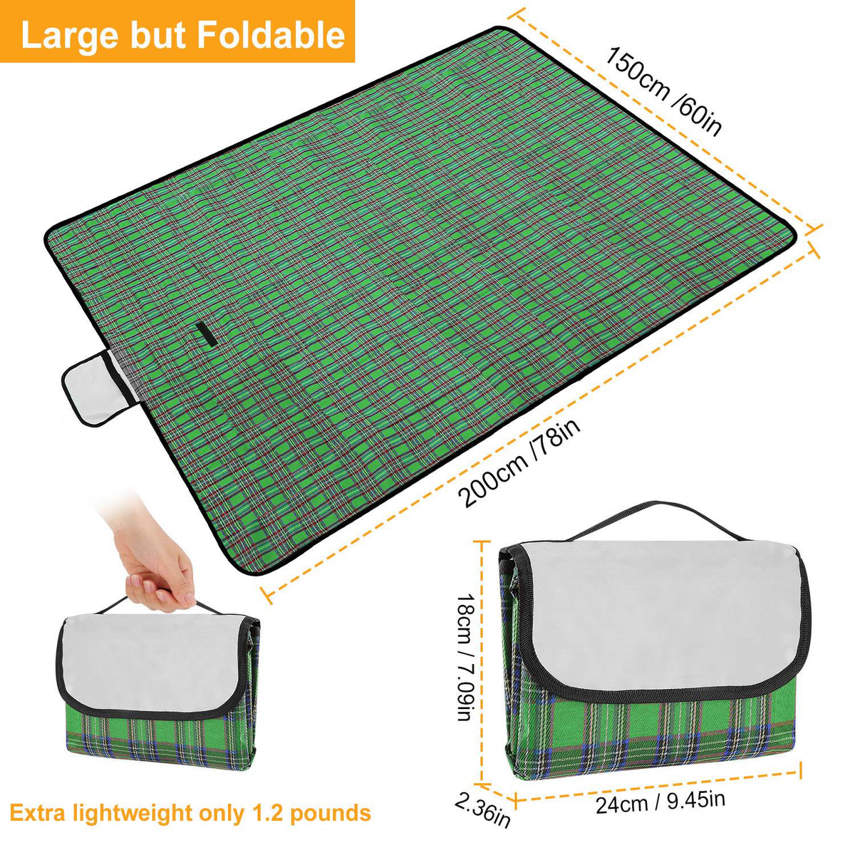 Manta de picnic impermeable de 60" x 78", alfombra plegable para acampar con correa, ideal para camping, senderismo, césped y viajes