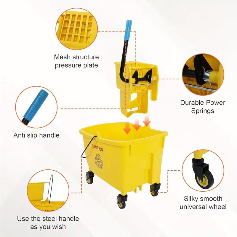 35-Quart Commercial Mop Bucket Set with Side Press Wringer and Wheels