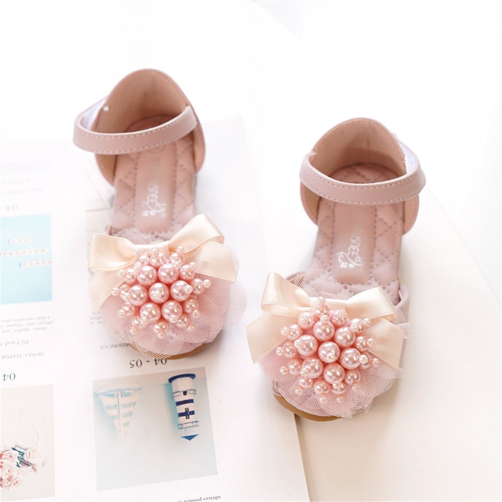 Girls' Princess Stylish Peep Toe Pearl Flower Soft Bottom Sandals