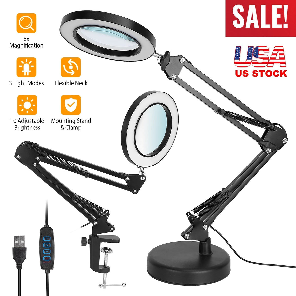 2-in-1 LED Magnifier Desk Lamp 8x Magnifying Glass with Light Swing Arm Desk Table Light USB Reading Lamp with Clamp Stand 10 Brightness 3 Modes