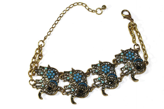 Colorful Bead Elephant Bracelet Gold Tone Antique Charm