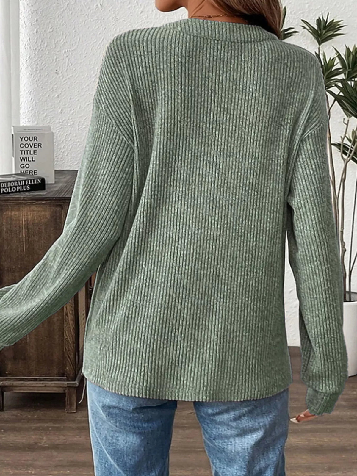 Ribbed Button Detail Long Sleeve T-Shirt