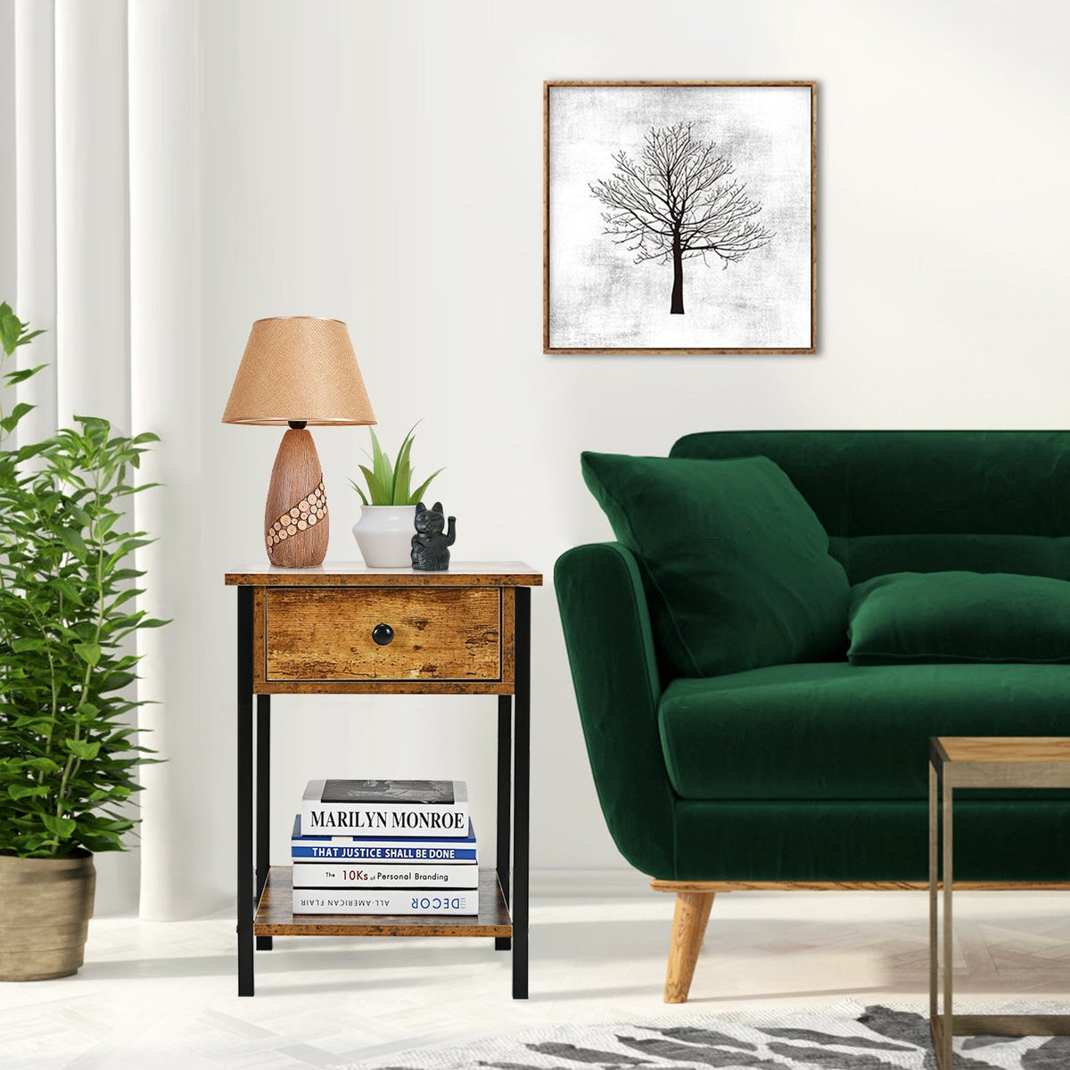 Industrial End Side Table Nightstand with Drawer Shelf