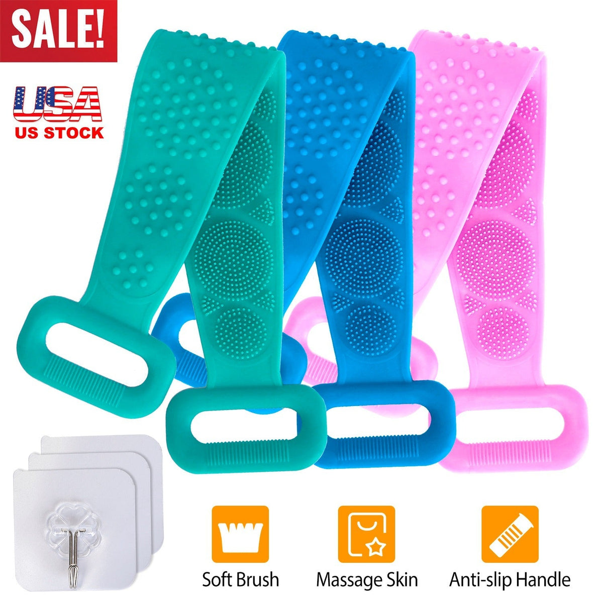 Silicone Back Scrubber Belt For Shower Exfoliating Foaming Body Wash Strap Brush Bristles Massage Dots W/ Adhesive Hook