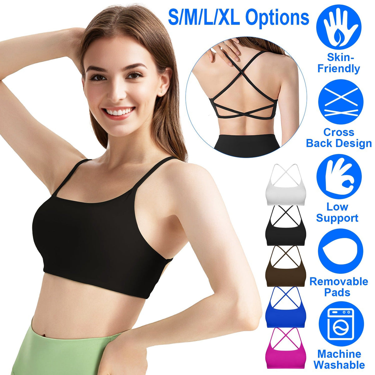 Cross Back Padded Sports Bra with Removable Pads