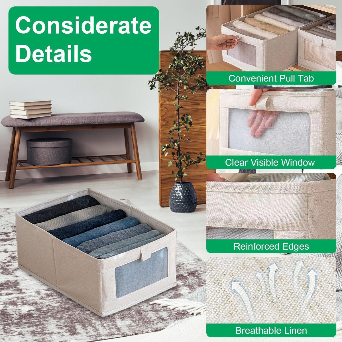 4Pcs Foldable Linen Clothing Storage Bin with Visible Clear Window Convenient Handle Multipurpose Collapsible Storage Basket Closet Fabric Container F