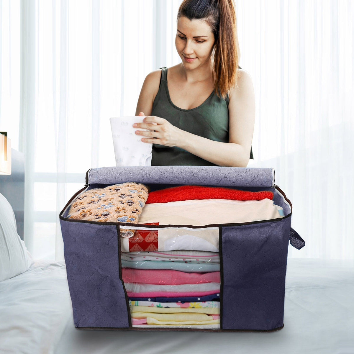2Pcs Clothes Storage Bag 90L Large Capacity Foldable Closet Organizer w/ Thick Fabric Clear Window Dual-Zipper for Clothes Comforters Blankets Bedding