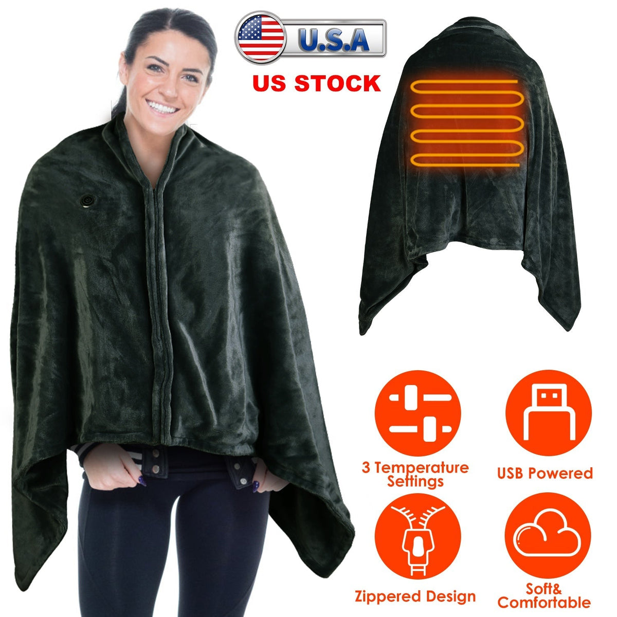 USB Heated Blanket Electric Heated Blanket Heated Poncho Shawl Wrap Throw with Zipper Washable for Home Office 59*31in
