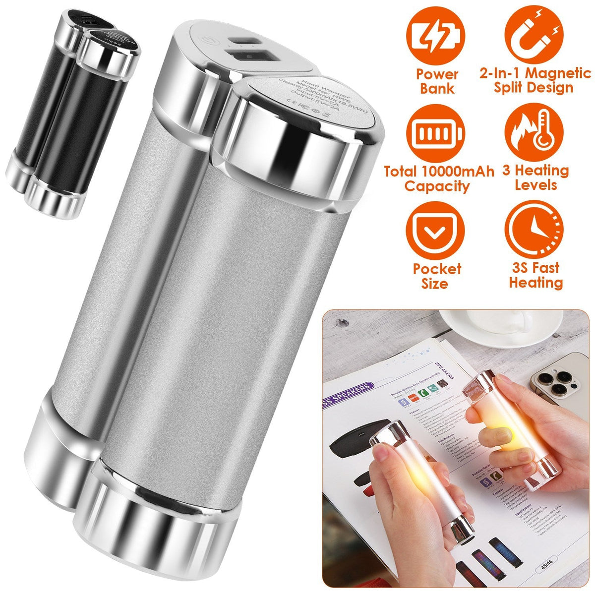 2 Packs 10000mAh Split-Magnetic Handwarmers 2 in 1 Portable Electric Pocket Heater Power Bank Portable Charger with 3 Heating Levels  for Camping Hunt