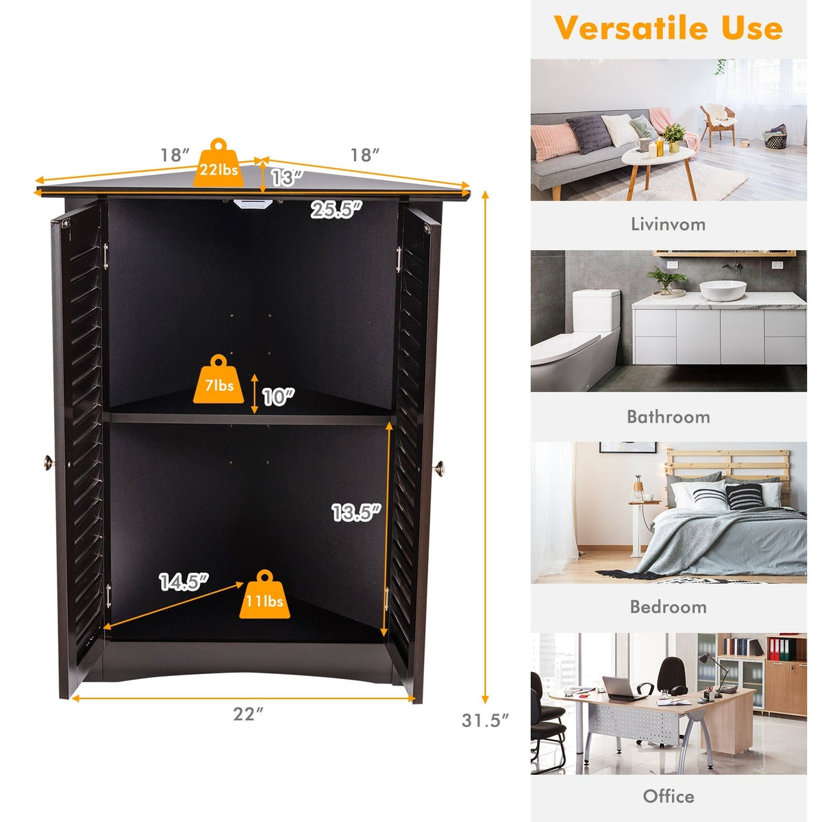 Bathroom Corner Storage Freestanding Floor Cabinet with Shutter Door