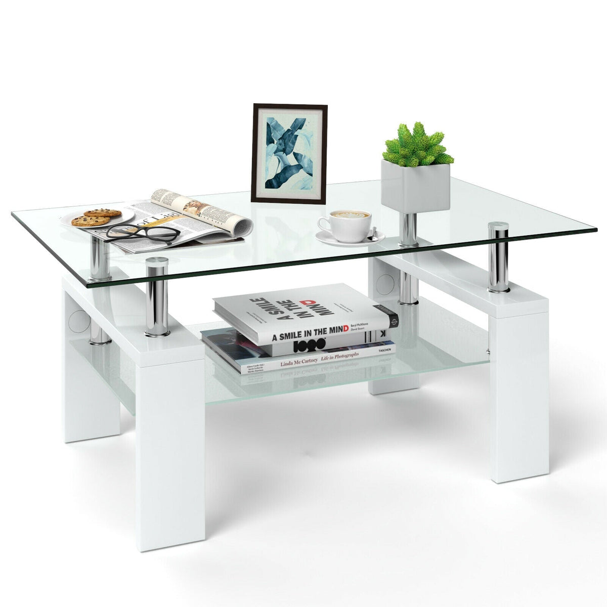 Rectangular Tempered Glass Coffee Table with Shelf
