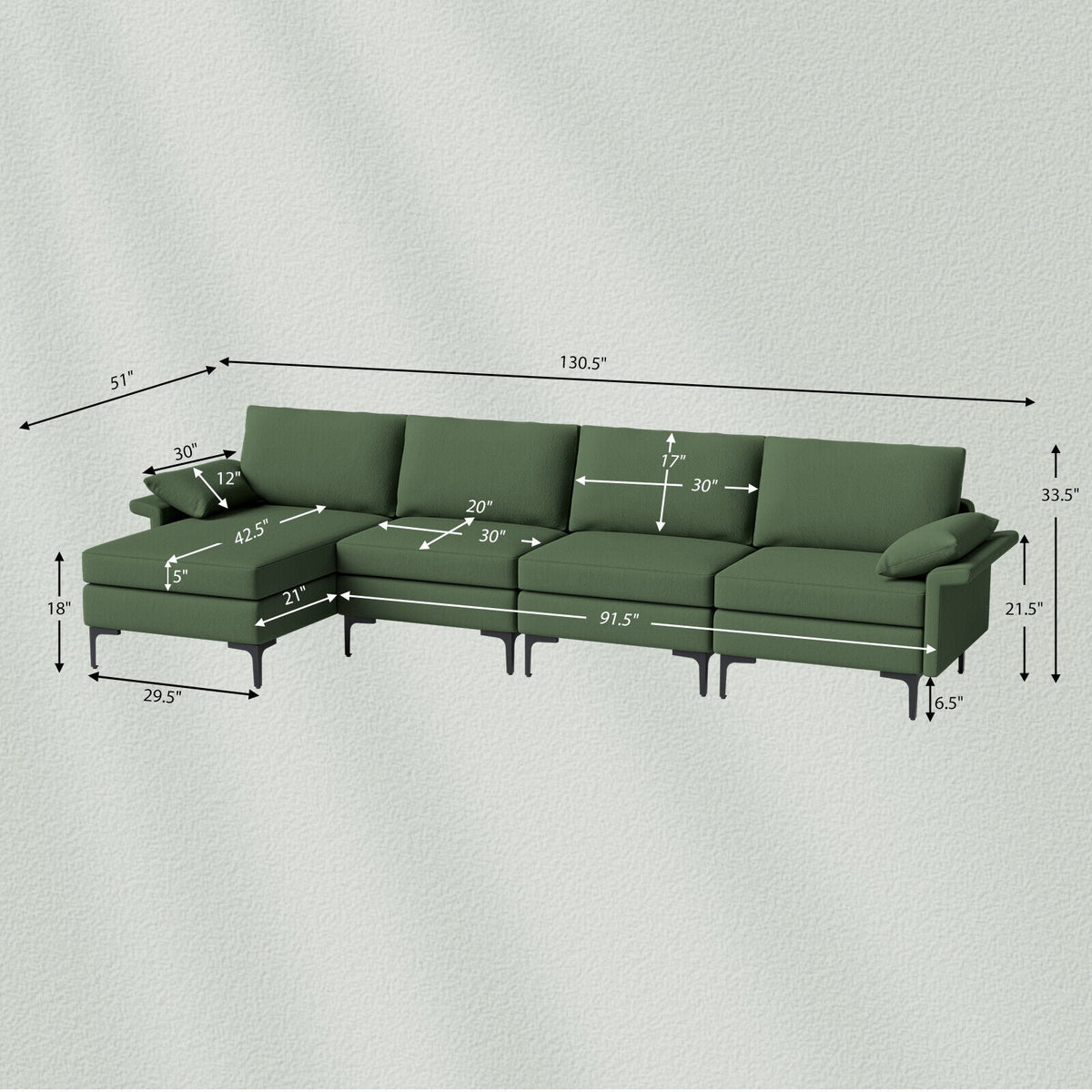Extra Large L-shaped Sectional Sofa with Reversible Chaise and 2 USB Ports for 4-5 People