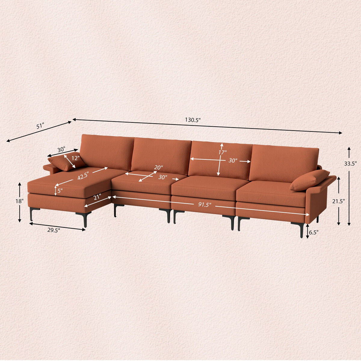 Extra Large L-shaped Sectional Sofa with Reversible Chaise and 2 USB Ports for 4-5 People