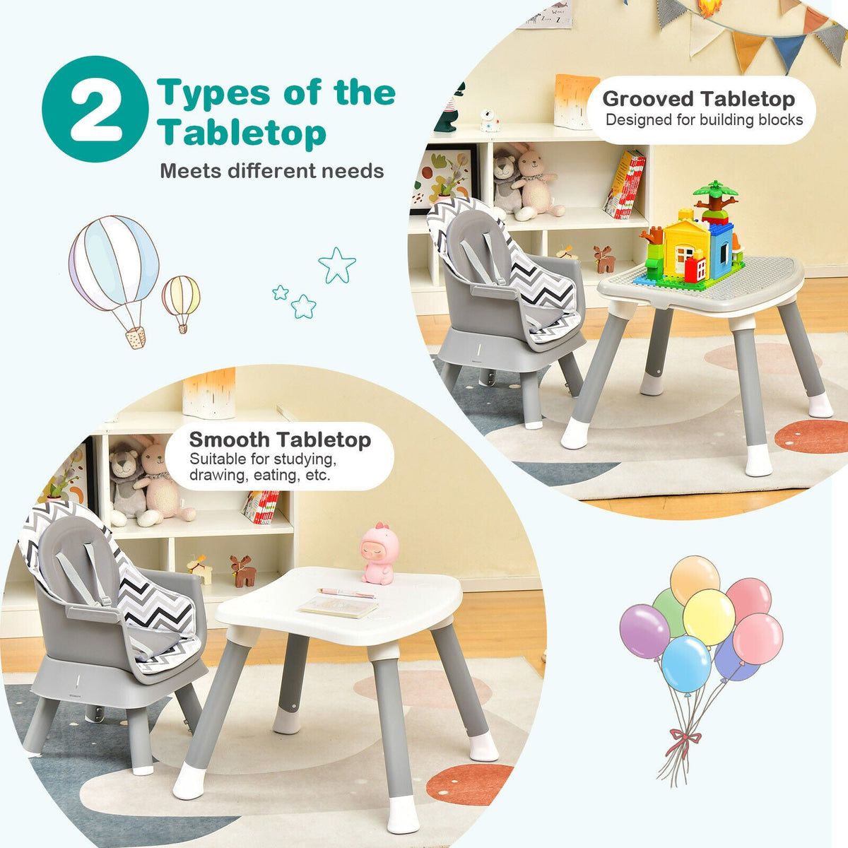 6-in-1 Convertible Baby High Chair with Adjustable Removable Tray-Gray and White