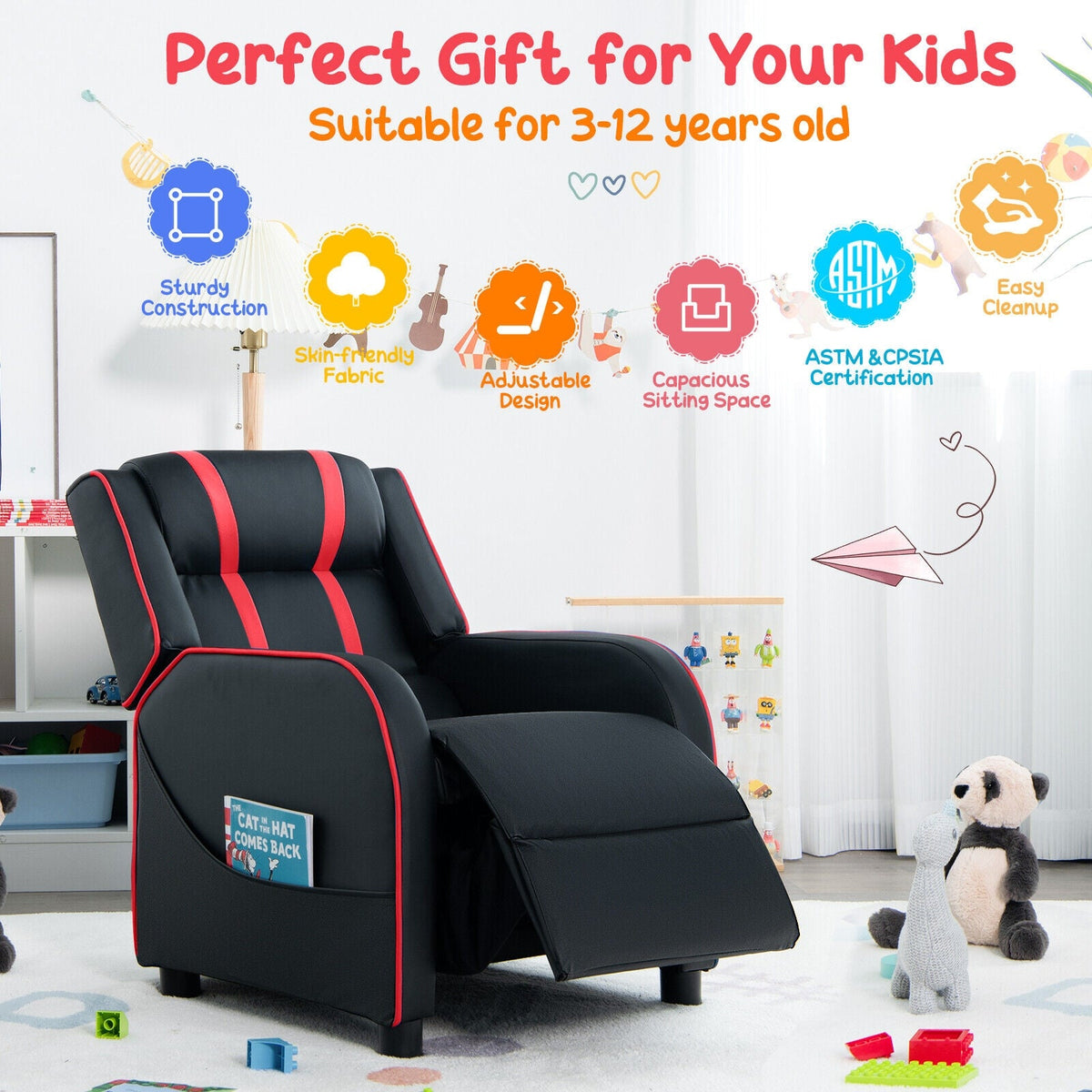 Kids Recliner Chair with Side Pockets and Footrest-Red