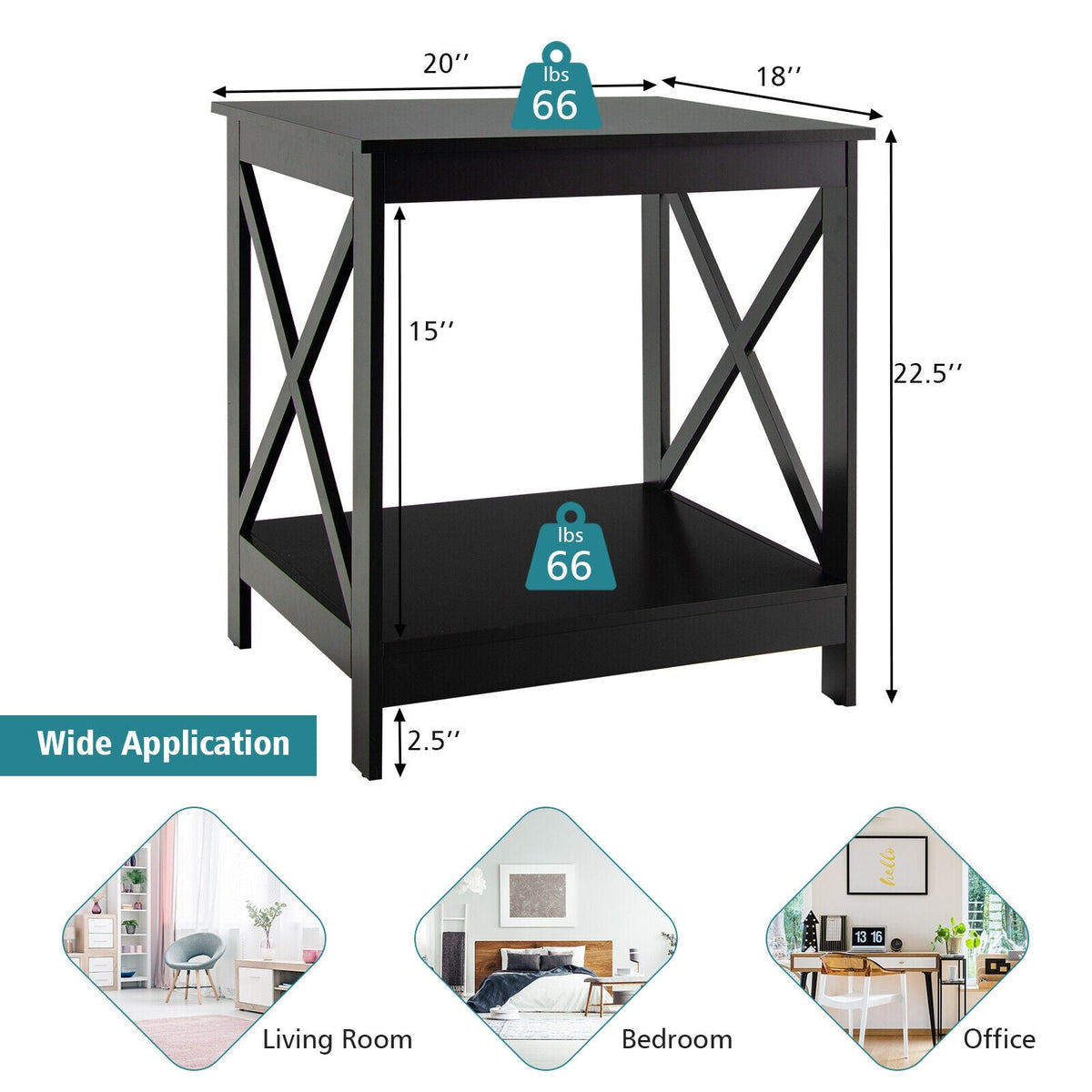2-Tier Side Table with X-shape Design and 4 Solid Legs