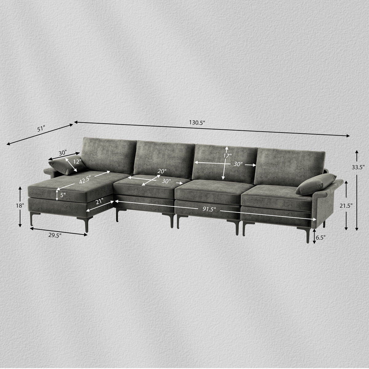 Extra Large L-shaped Sectional Sofa with Reversible Chaise and 2 USB Ports for 4-5 People