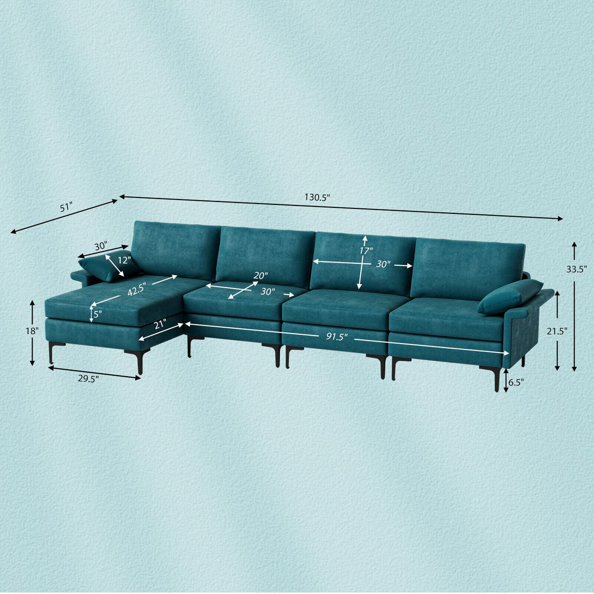 Extra Large L-shaped Sectional Sofa with Reversible Chaise and 2 USB Ports for 4-5 People