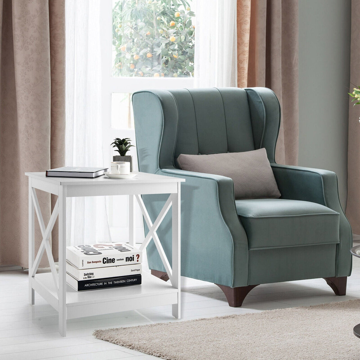 2-Tier Side Table with X-shape Design and 4 Solid Legs