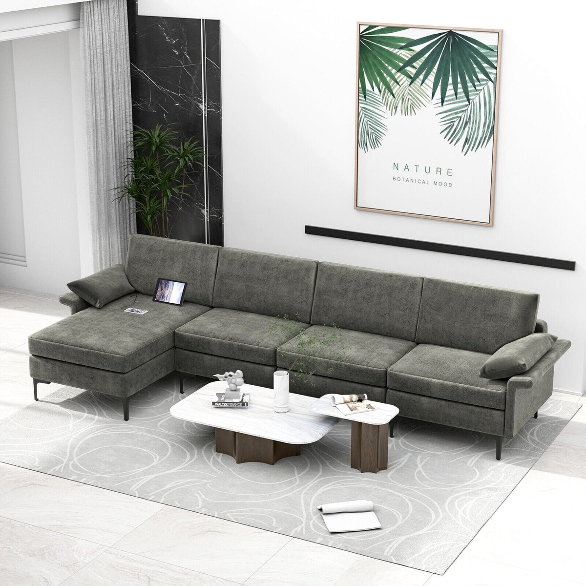 Extra Large L-shaped Sectional Sofa with Reversible Chaise and 2 USB Ports for 4-5 People