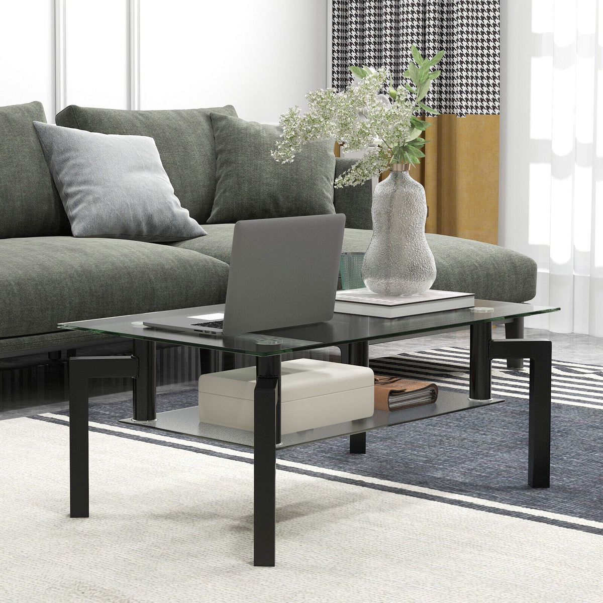 2-Tier Rectangular Glass Coffee Table with Metal Tube Legs-Black