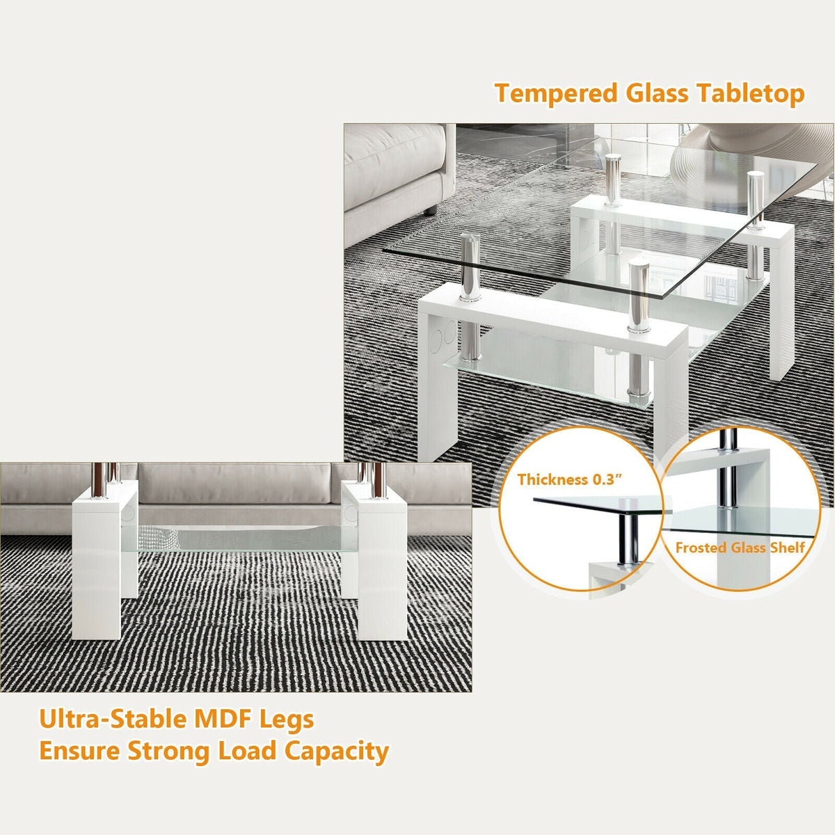 Rectangular Tempered Glass Coffee Table with Shelf