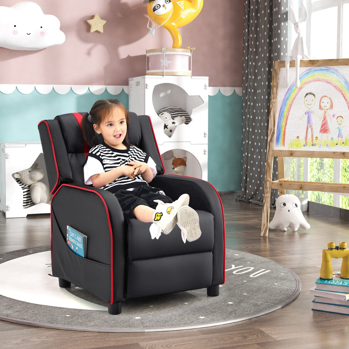 Kids Recliner Chair with Side Pockets and Footrest-Red