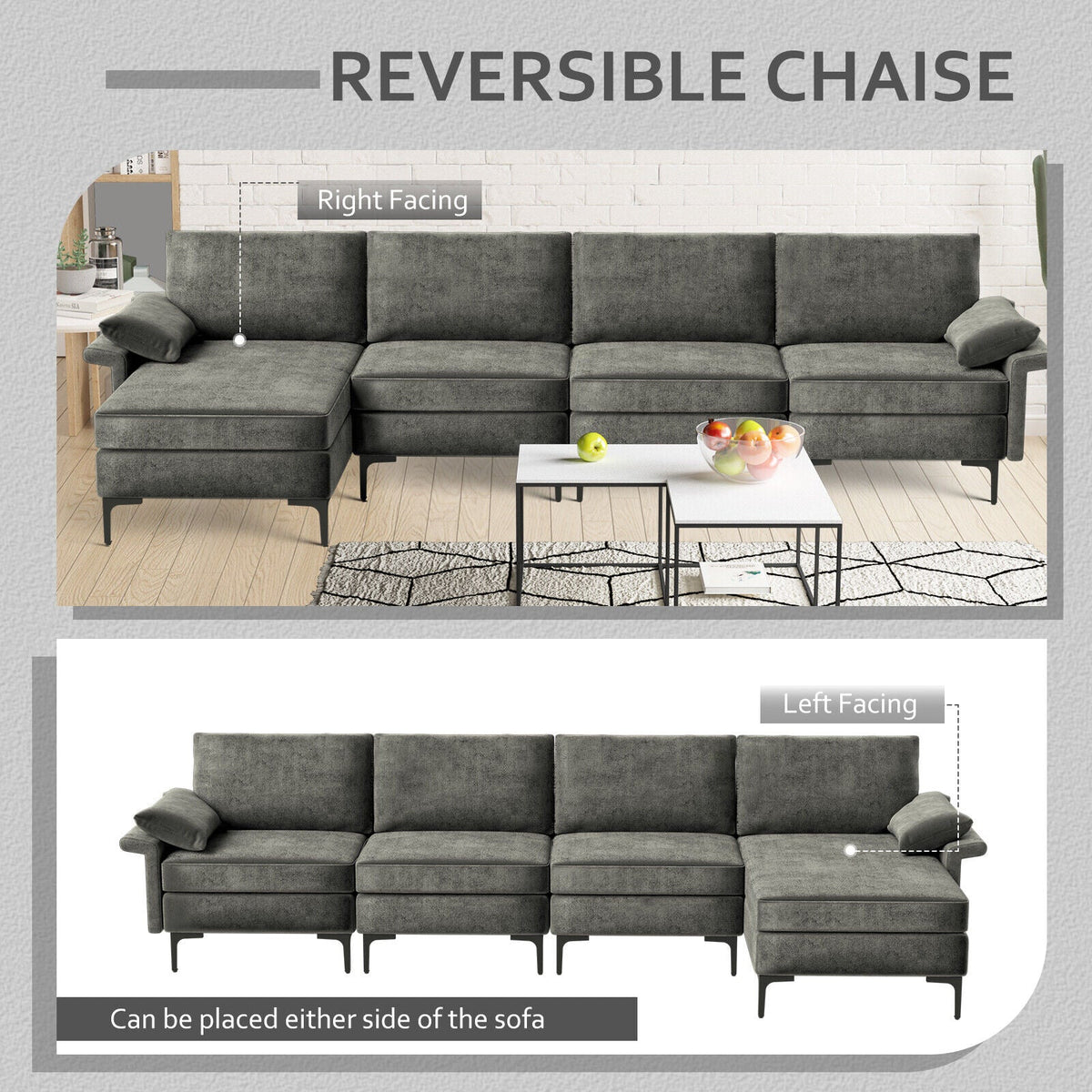 Extra Large L-shaped Sectional Sofa with Reversible Chaise and 2 USB Ports for 4-5 People