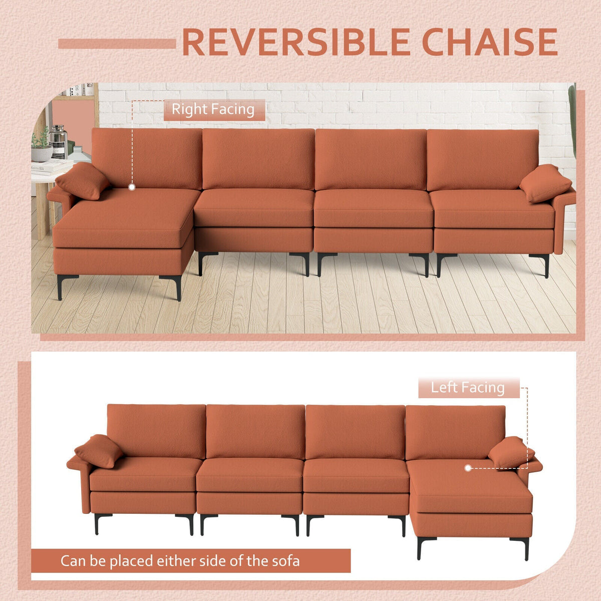 Extra Large L-shaped Sectional Sofa with Reversible Chaise and 2 USB Ports for 4-5 People