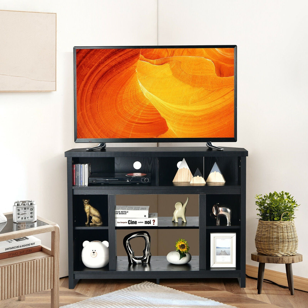 Modern Corner TV Stand with Adjustable Shelves for TVs up to 48 Inch