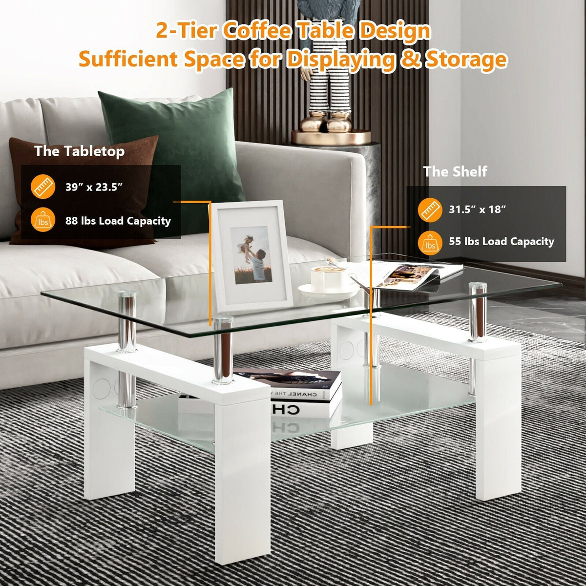 Rectangular Tempered Glass Coffee Table with Shelf