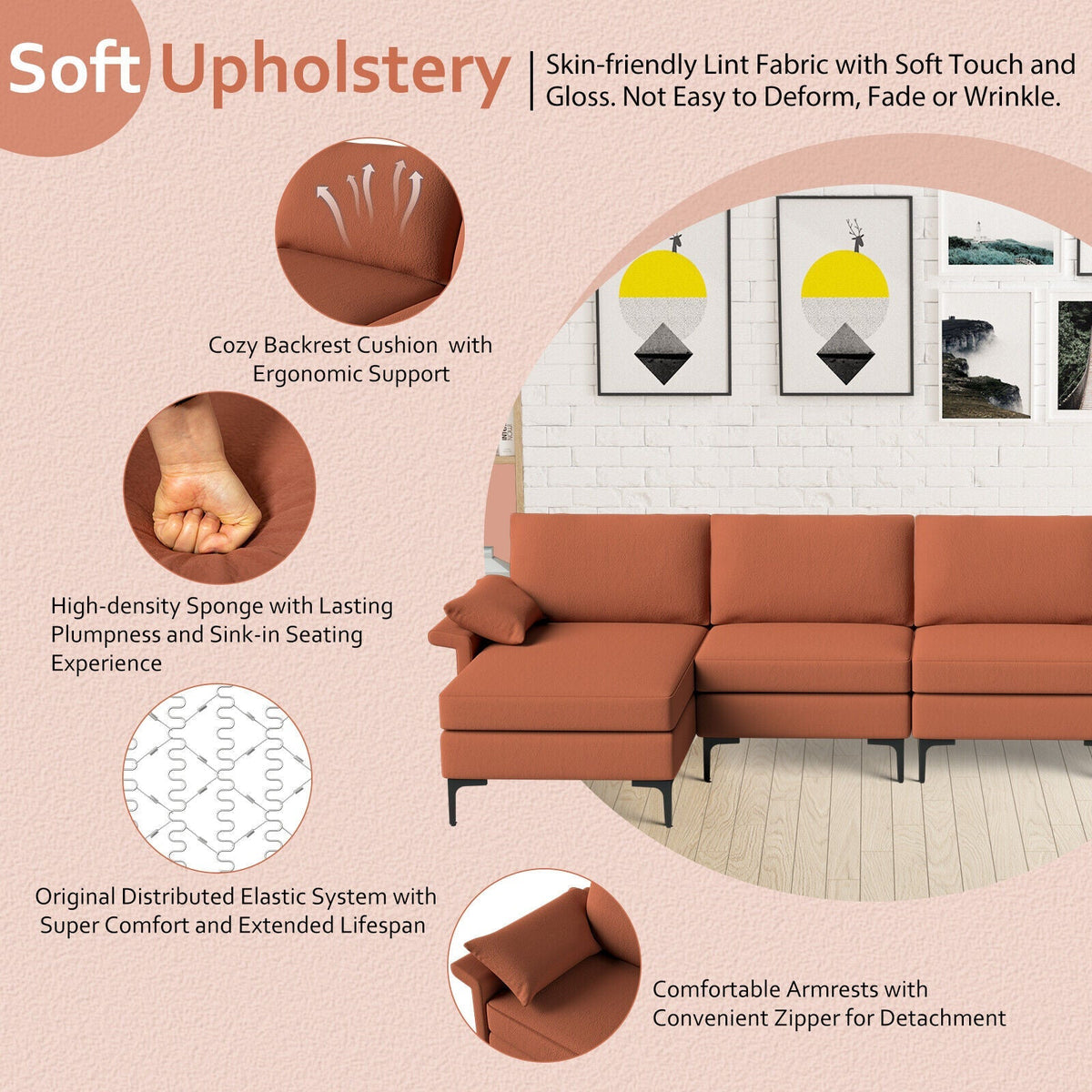Extra Large L-shaped Sectional Sofa with Reversible Chaise and 2 USB Ports for 4-5 People