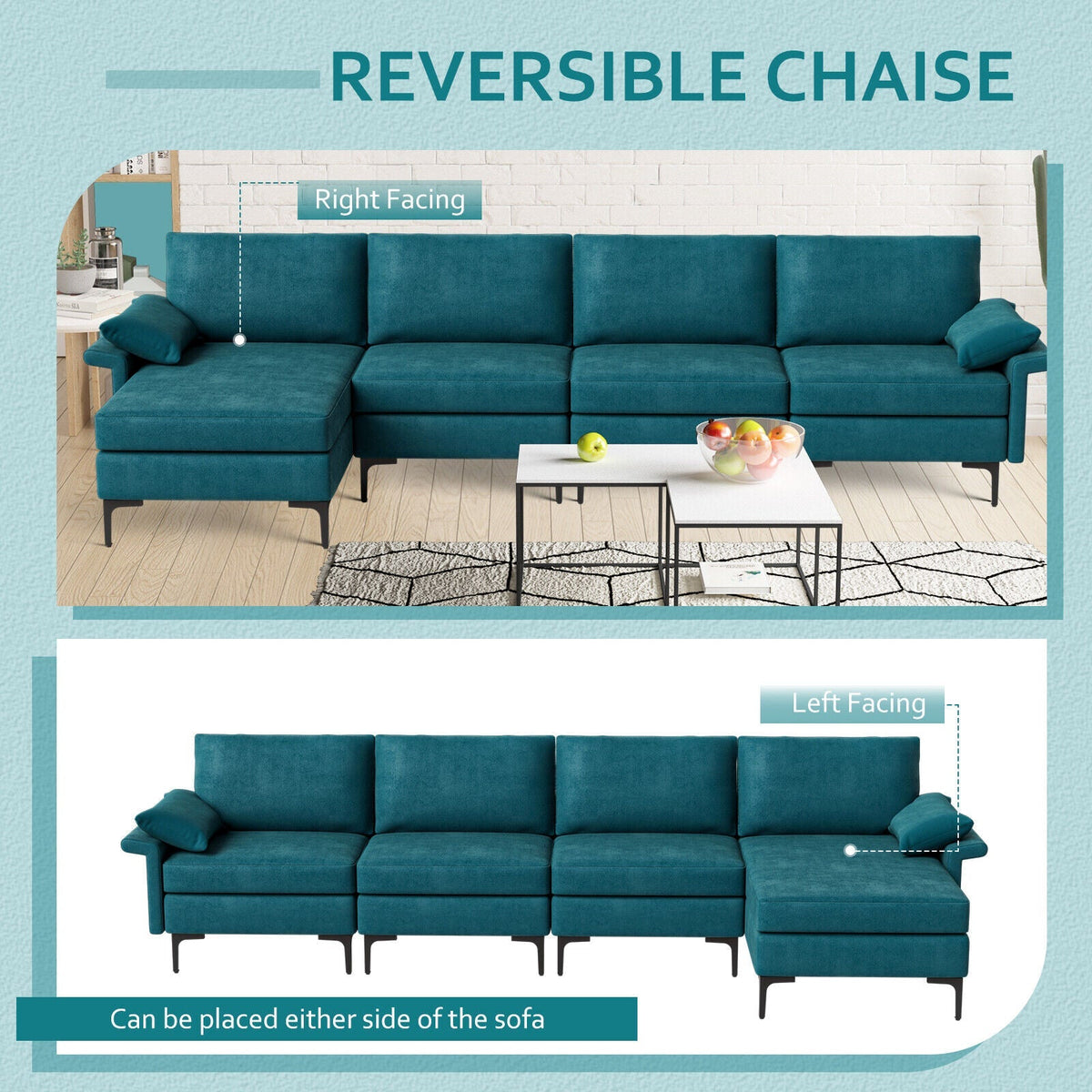 Extra Large L-shaped Sectional Sofa with Reversible Chaise and 2 USB Ports for 4-5 People