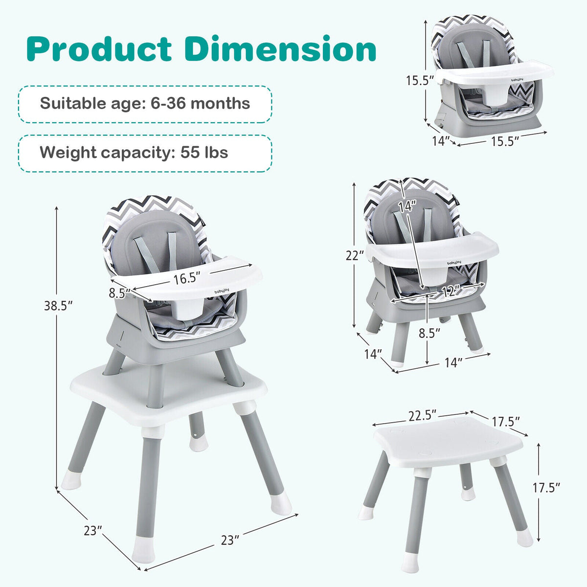 6-in-1 Convertible Baby High Chair with Adjustable Removable Tray-Gray and White