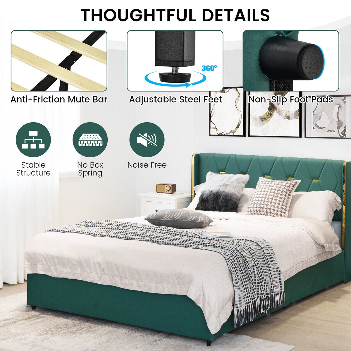 Full/Queen Size Upholstered Bed Frame with 4 Drawers-Green