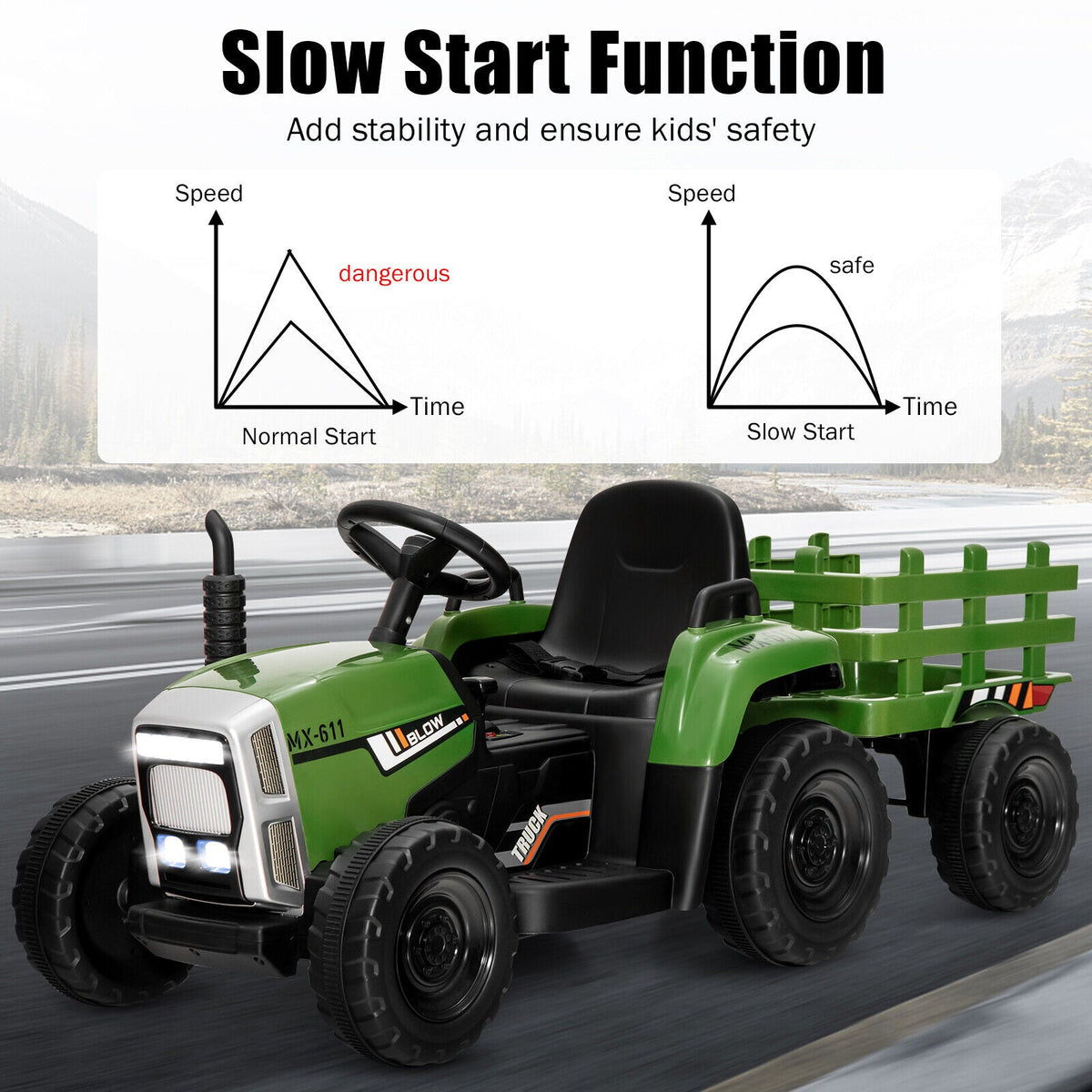 12V Ride on Tractor with 3-Gear-Shift Ground Loader for Kids 3+ Years Old-Dark Green