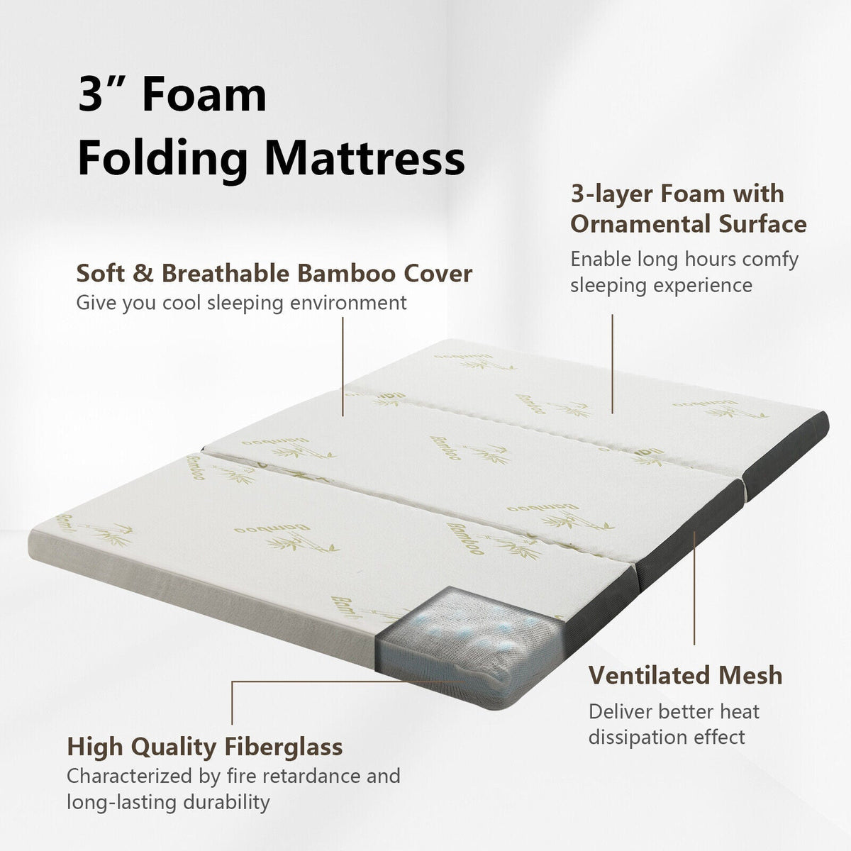 Portable Tri-fold Memory Foam Floor Mattress Topper Portable with Carrying Bag