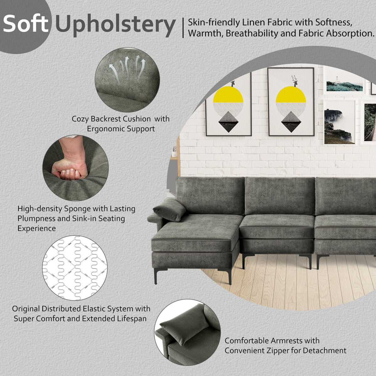 Extra Large L-shaped Sectional Sofa with Reversible Chaise and 2 USB Ports for 4-5 People