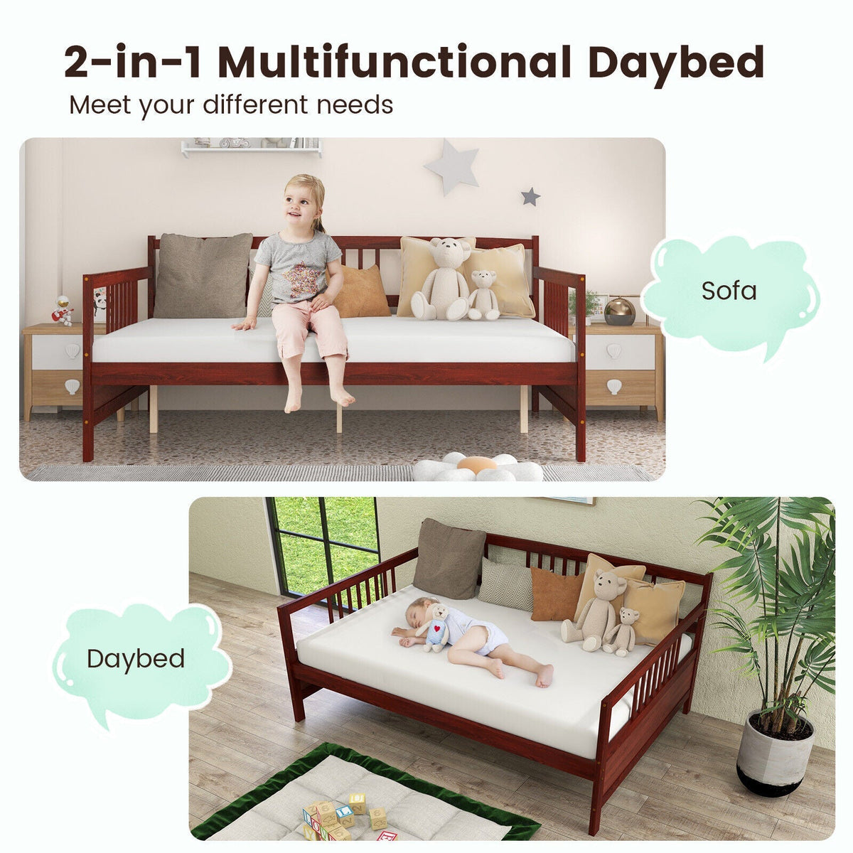 Classic Wooden Full Size Daybed Frame with Guardrails