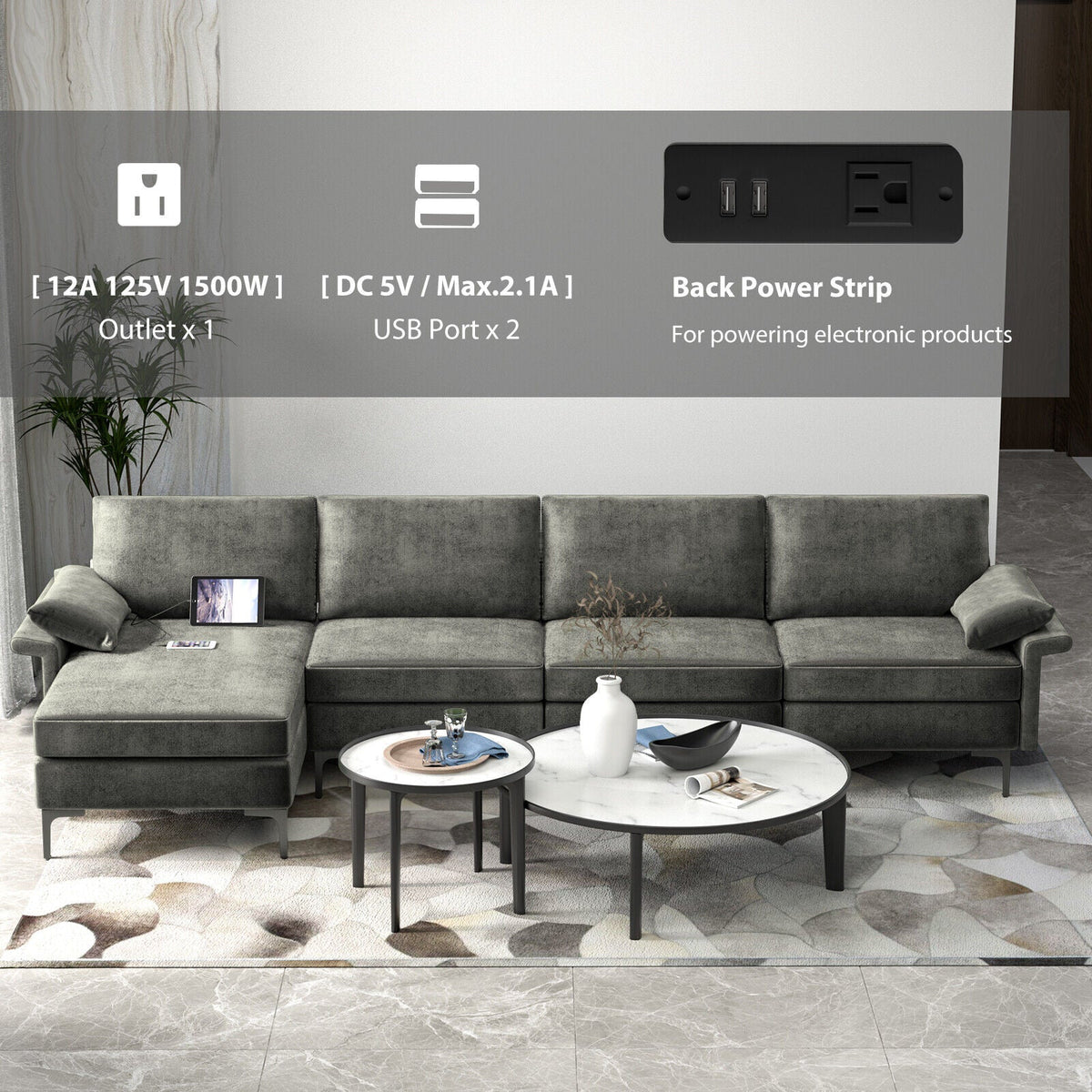 Extra Large L-shaped Sectional Sofa with Reversible Chaise and 2 USB Ports for 4-5 People