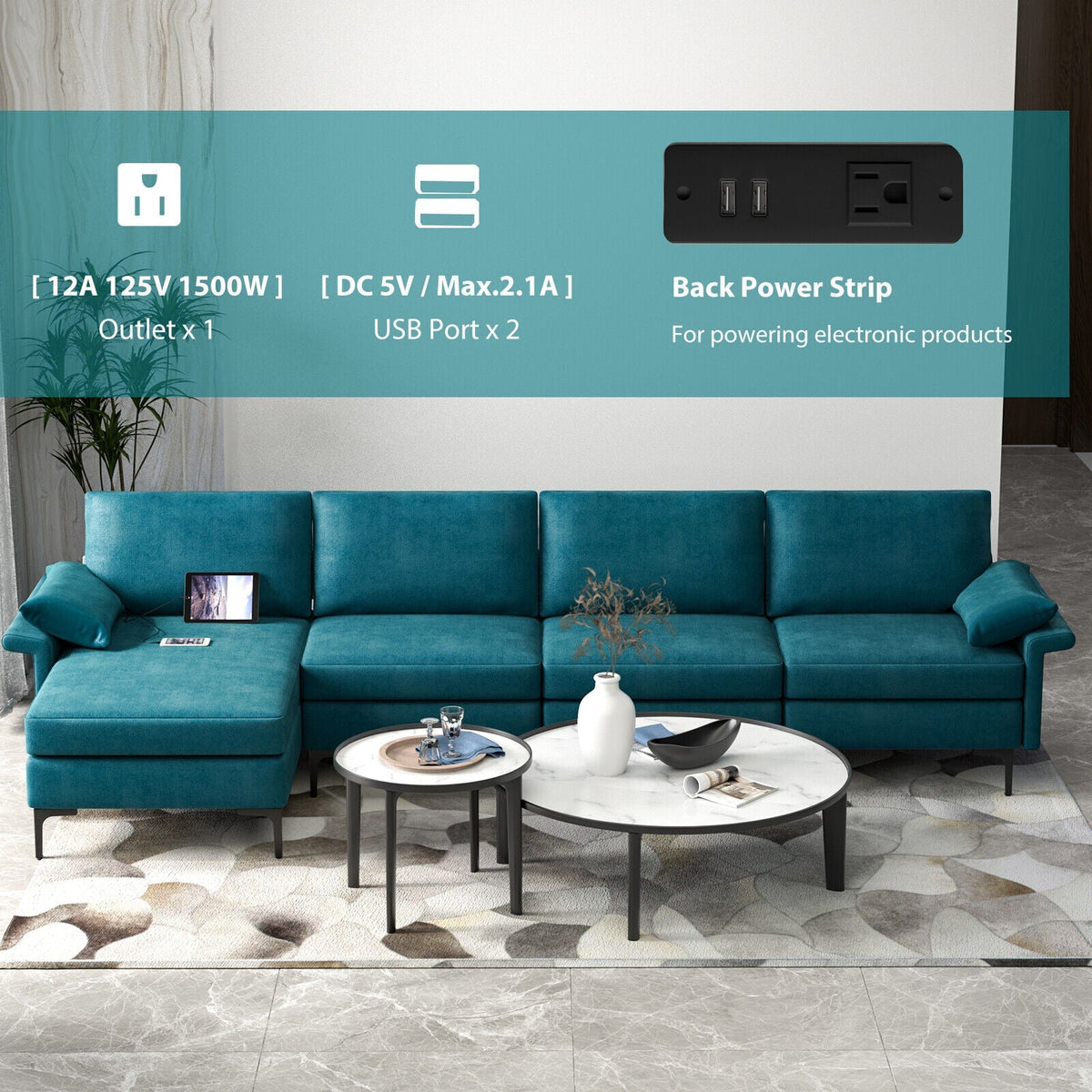 Extra Large L-shaped Sectional Sofa with Reversible Chaise and 2 USB Ports for 4-5 People