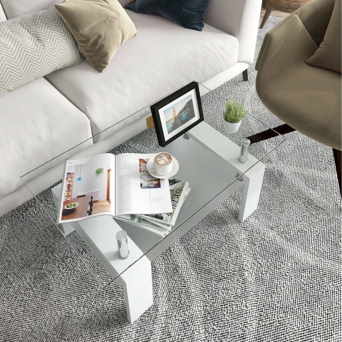 Rectangular Tempered Glass Coffee Table with Shelf