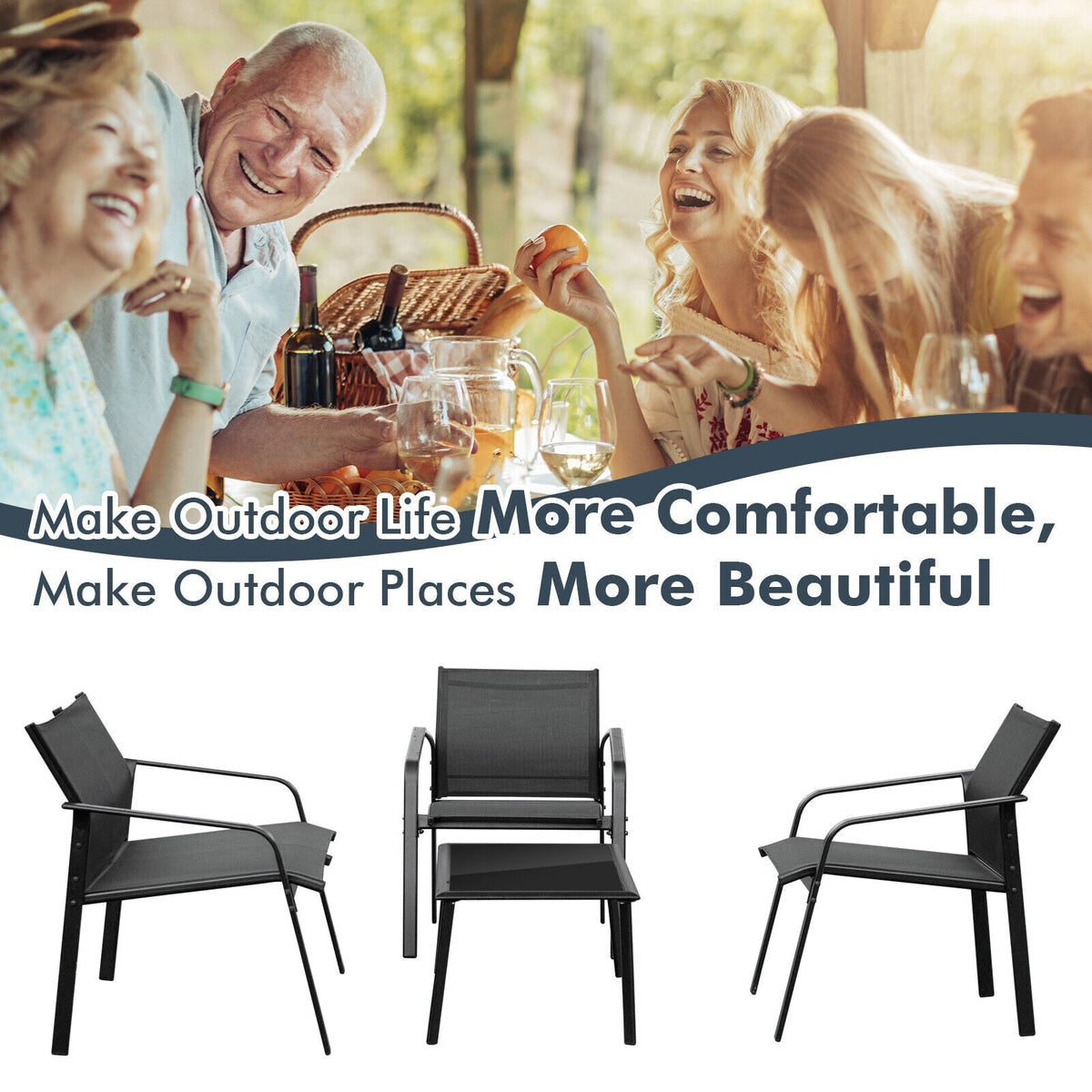 4 Pieces Patio Furniture Set with Armrest Loveseat Sofas and Glass Table Deck