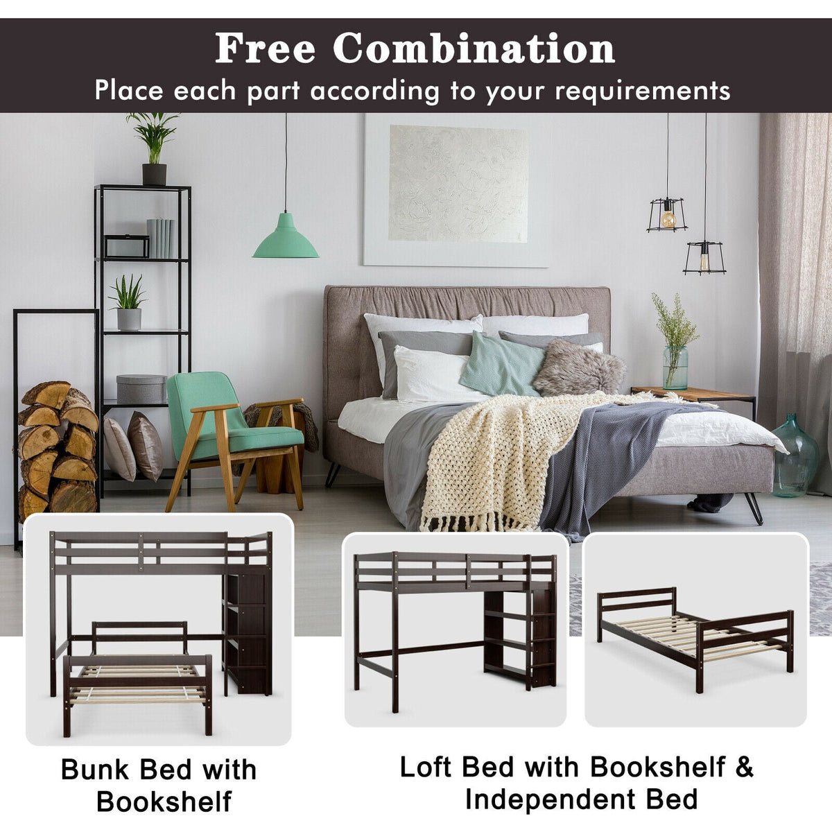 Twin Over Twin Loft Bunk Bed with Bookcase