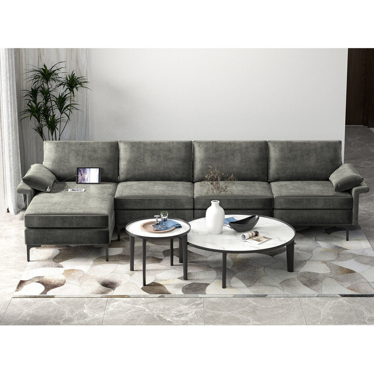 Extra Large L-shaped Sectional Sofa with Reversible Chaise and 2 USB Ports for 4-5 People